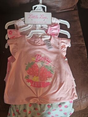 Little Lass Pink Strawberry 'Berry Cute' Girls Tank Top Set